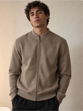 Maus &Hoffman , Taupe Zip-Front Bomber Sweater. 100% wool .
